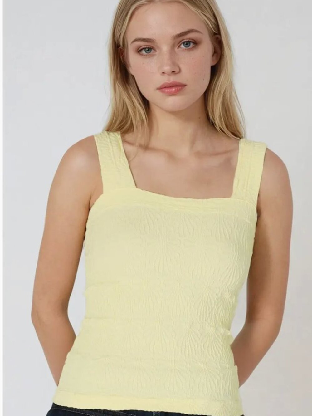 NIKIBIKI Lace Textured Square Neck Tank Top Pale Yellow One Size NWOT